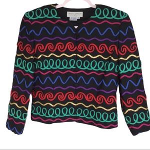 Vintage Maggy London 80s ribbon Print Black Jacket